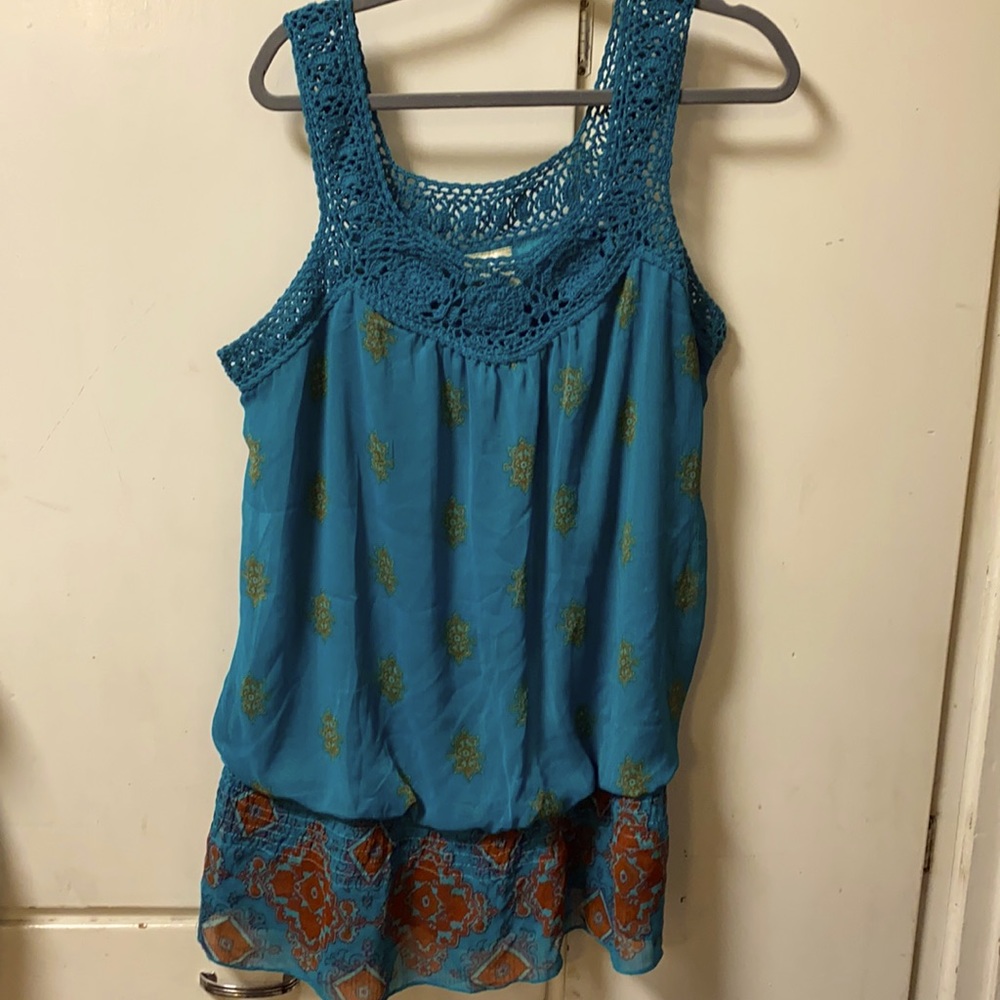 Teal blouson tank with crochet upper